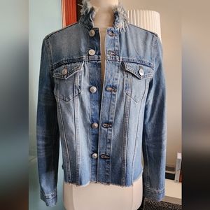Raw hem denim jacket with high collar